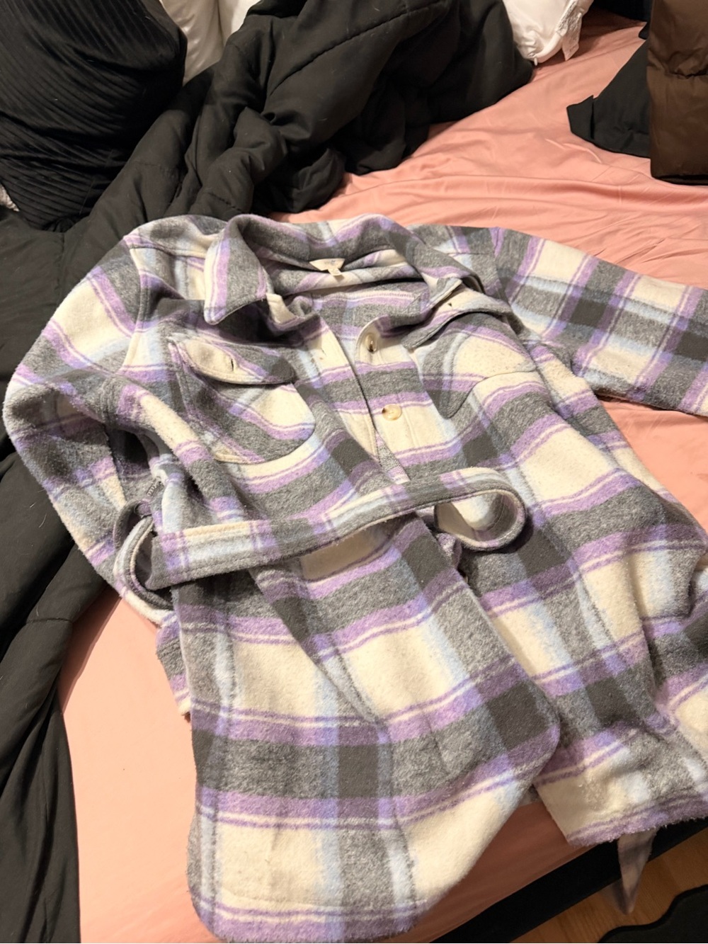 Sky Plaid Belted Shacket in Cream, Gray & Lavender